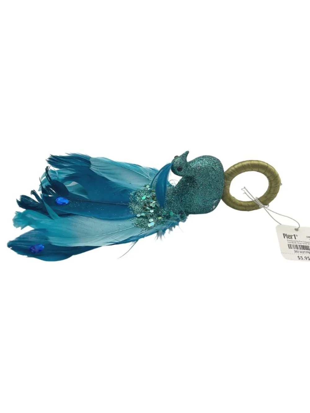 Pier 1 Teal Glitter Peacock Discontinued Napkin Rings Full Feathers Set of 4 NWT